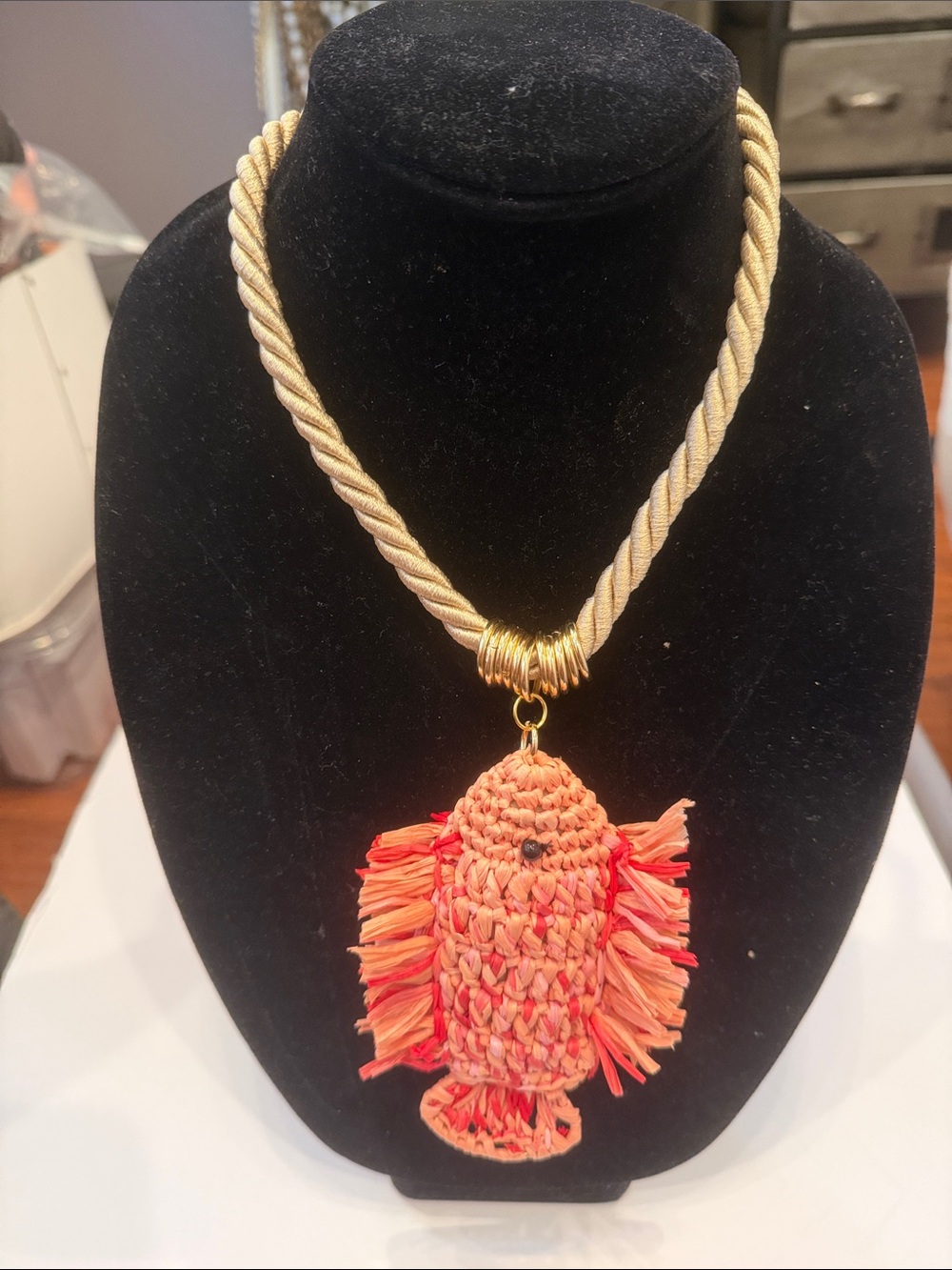 Handcrafted Coral Raffia Fish Pendant Necklace - Gold Rope Chain
